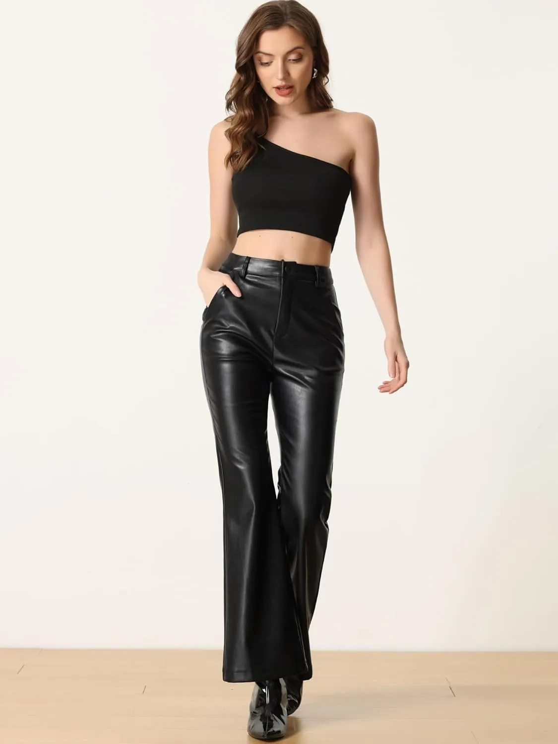 Allegra K Faux Leather Casual Pant for Women's High Waist Bell Bottom Flared Long PU Trouser