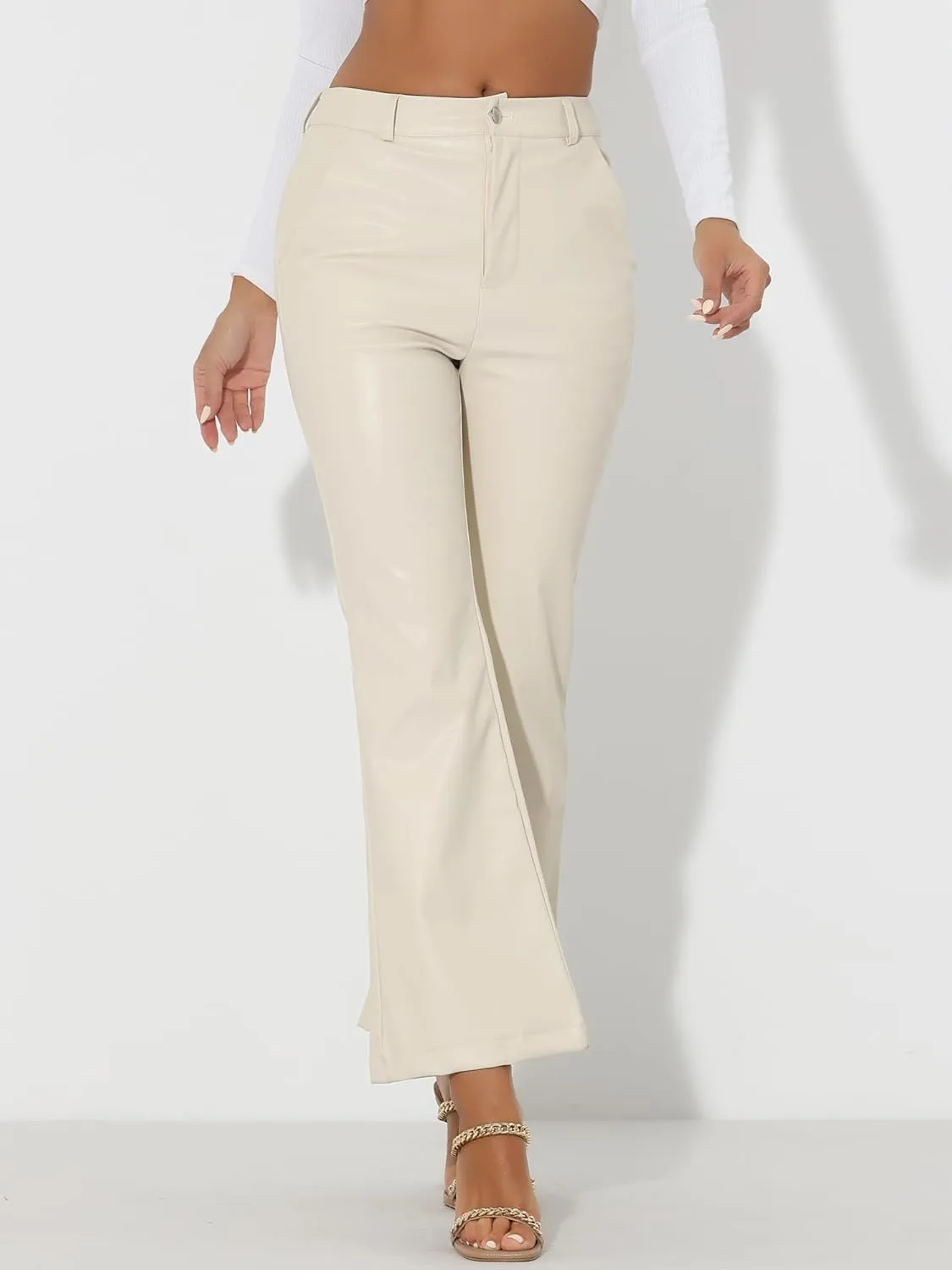 Allegra K Faux Leather Casual Pant for Women's High Waist Bell Bottom Flared Long PU Trouser
