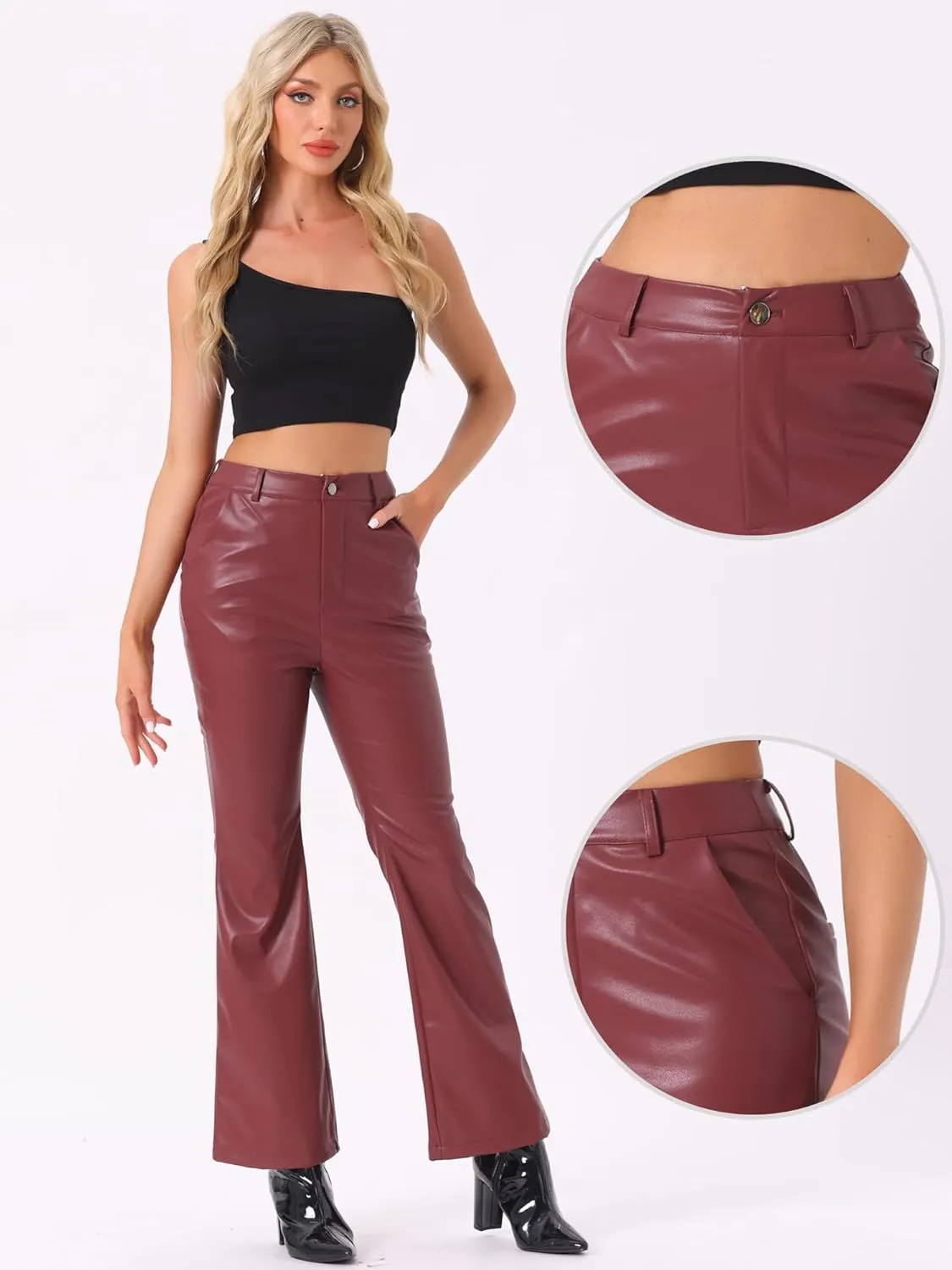 Allegra K Faux Leather Casual Pant for Women's High Waist Bell Bottom Flared Long PU Trouser