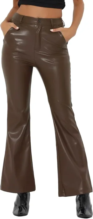 Allegra K Faux Leather Casual Pant for Women's High Waist Bell Bottom Flared Long PU Trouser