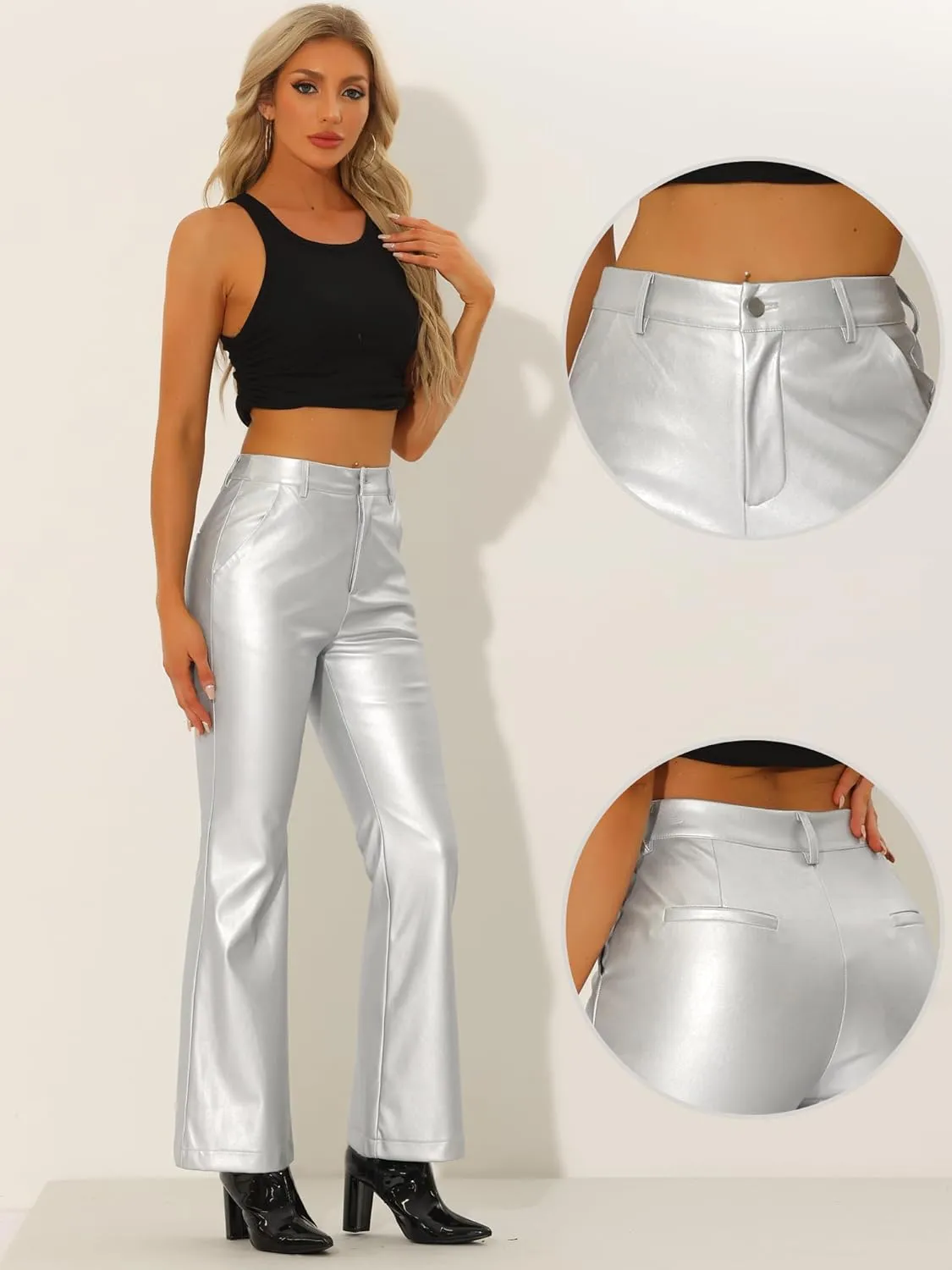Allegra K Faux Leather Casual Pant for Women's High Waist Bell Bottom Flared Long PU Trouser