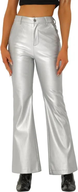Allegra K Faux Leather Casual Pant for Women's High Waist Bell Bottom Flared Long PU Trouser