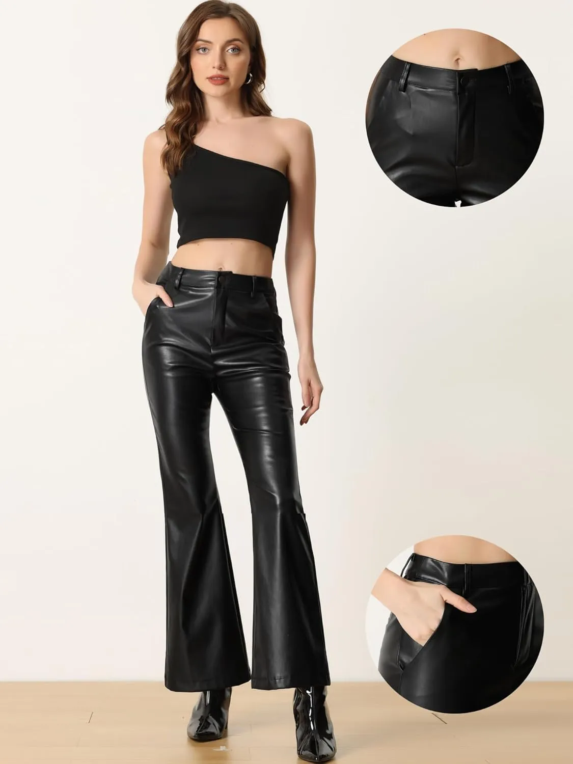 Allegra K Faux Leather Casual Pant for Women's High Waist Bell Bottom Flared Long PU Trouser