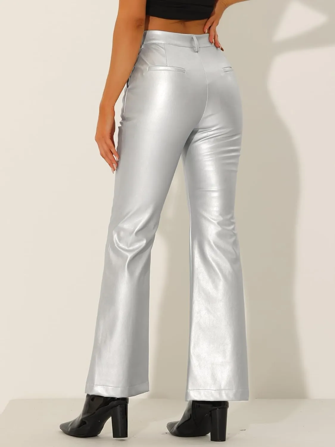 Allegra K Faux Leather Casual Pant for Women's High Waist Bell Bottom Flared Long PU Trouser