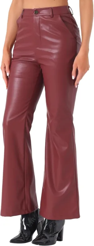 Allegra K Faux Leather Casual Pant for Women's High Waist Bell Bottom Flared Long PU Trouser