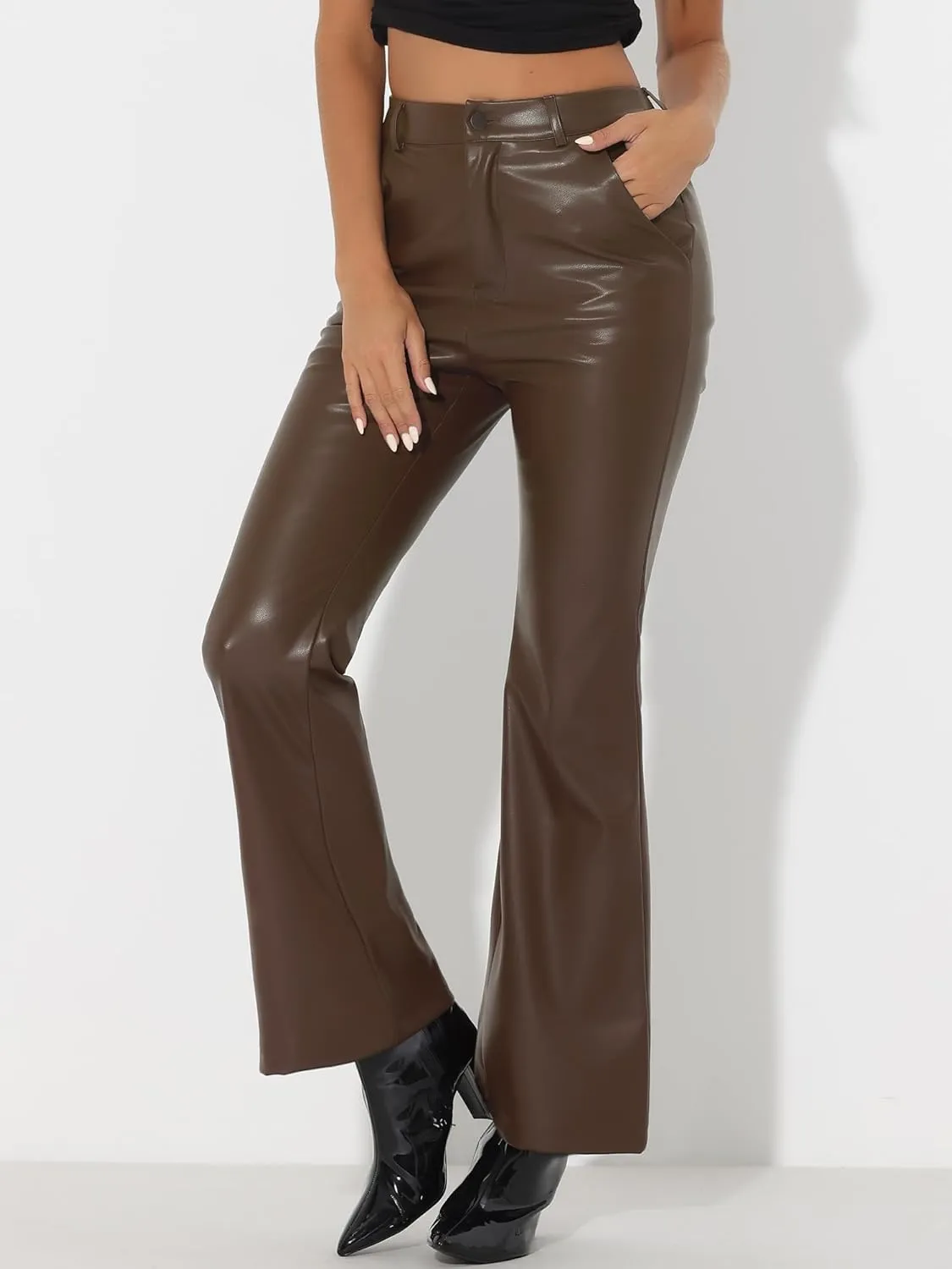 Allegra K Faux Leather Casual Pant for Women's High Waist Bell Bottom Flared Long PU Trouser