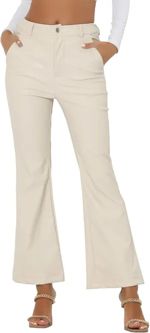 Allegra K Faux Leather Casual Pant for Women's High Waist Bell Bottom Flared Long PU Trouser