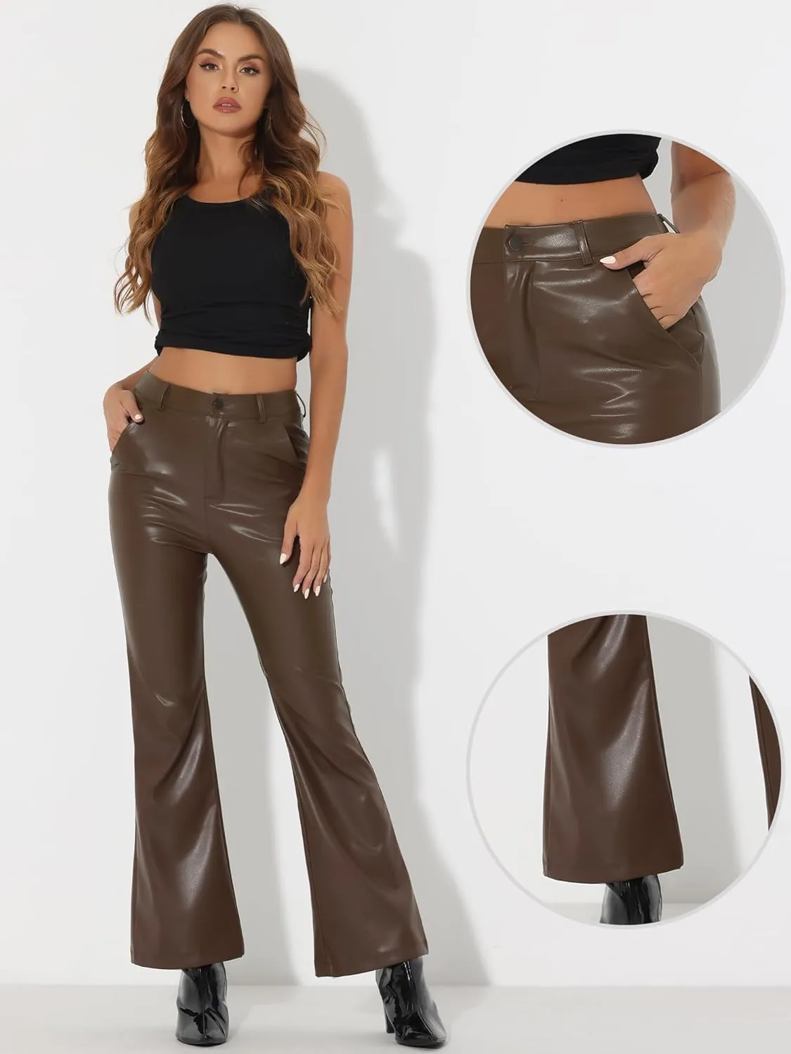 Allegra K Faux Leather Casual Pant for Women's High Waist Bell Bottom Flared Long PU Trouser