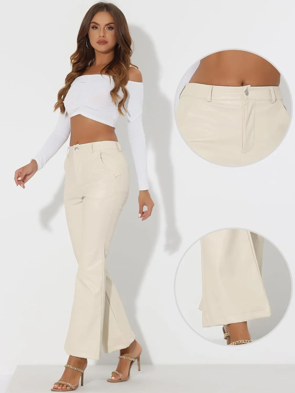 Allegra K Faux Leather Casual Pant for Women's High Waist Bell Bottom Flared Long PU Trouser