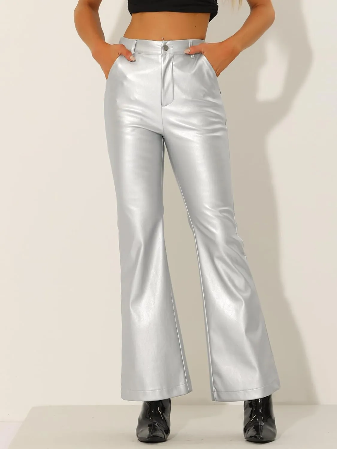 Allegra K Faux Leather Casual Pant for Women's High Waist Bell Bottom Flared Long PU Trouser