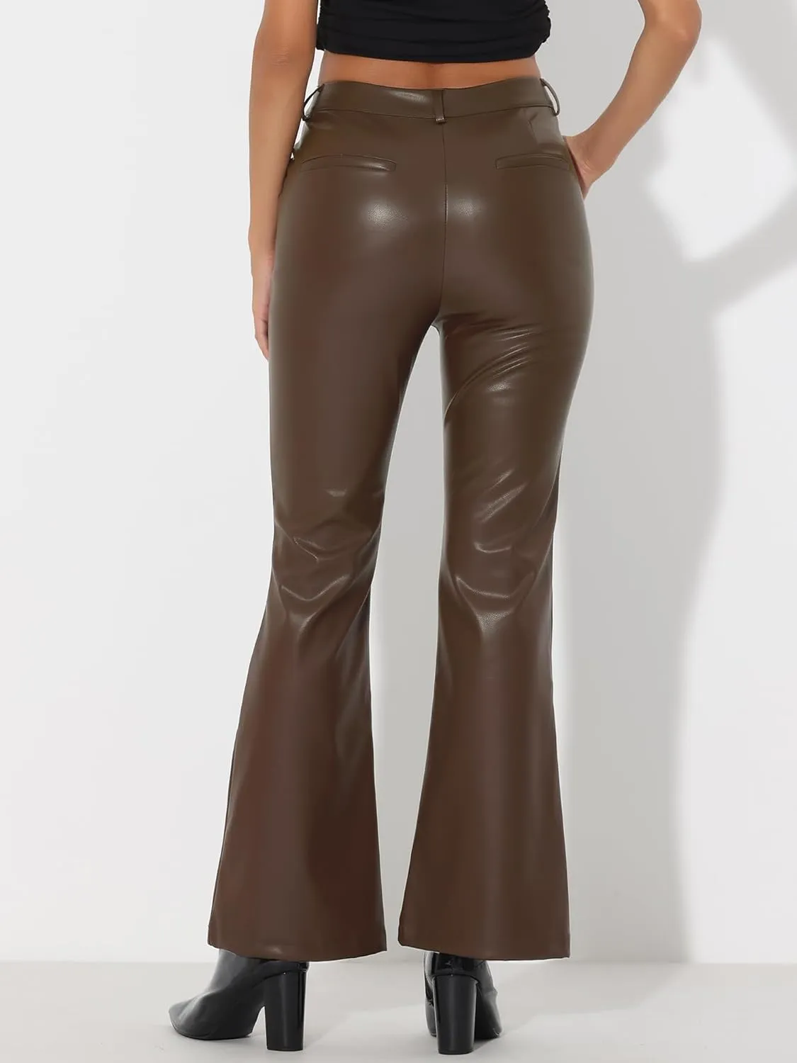 Allegra K Faux Leather Casual Pant for Women's High Waist Bell Bottom Flared Long PU Trouser