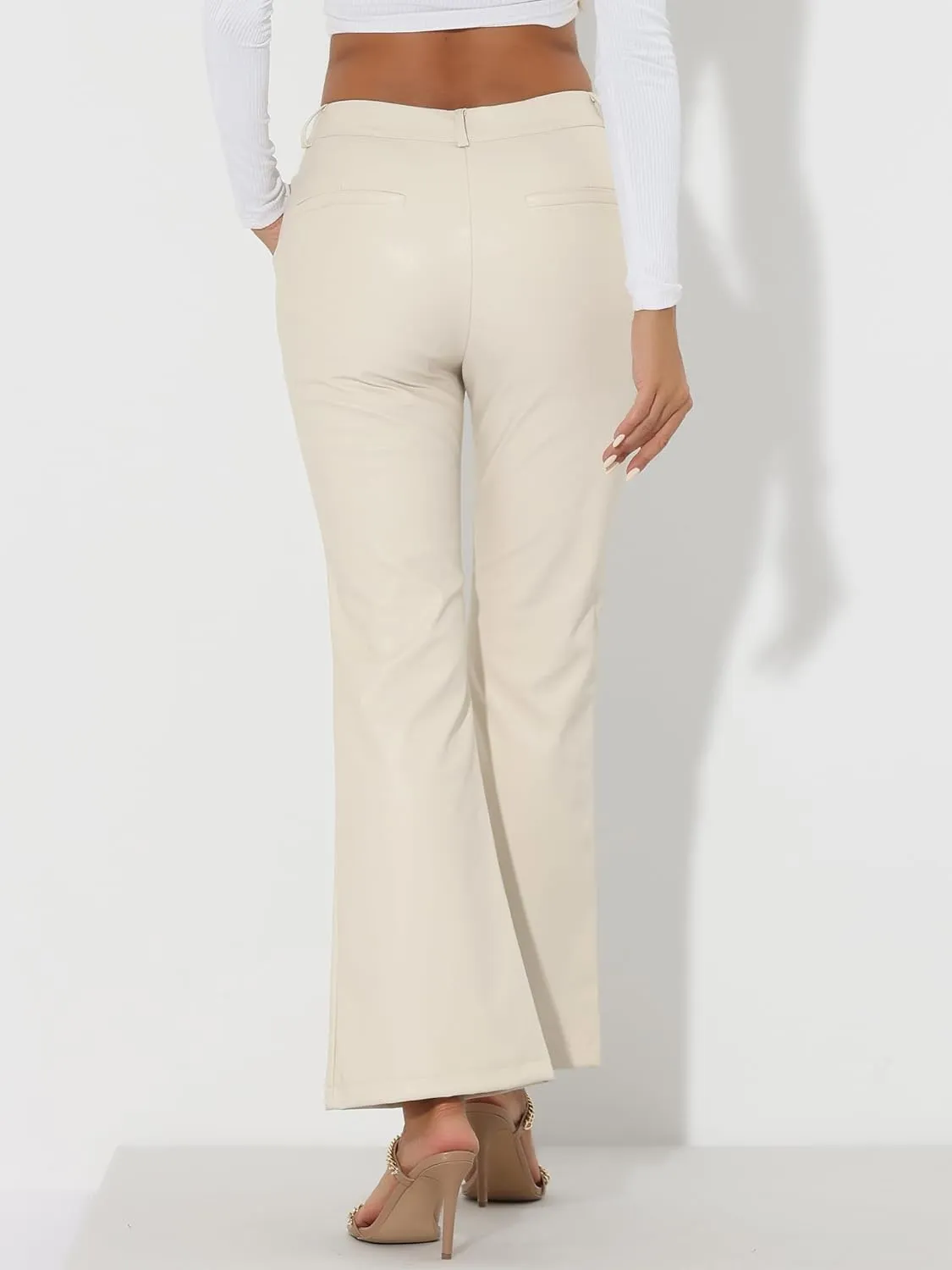 Allegra K Faux Leather Casual Pant for Women's High Waist Bell Bottom Flared Long PU Trouser