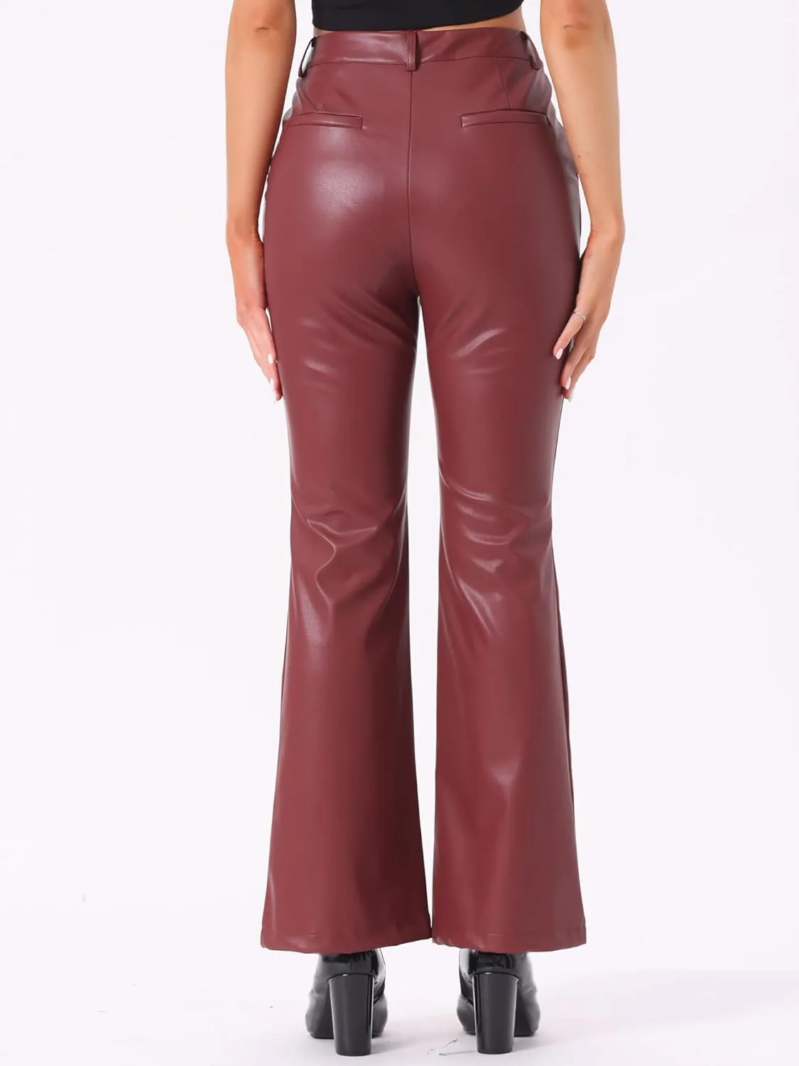 Allegra K Faux Leather Casual Pant for Women's High Waist Bell Bottom Flared Long PU Trouser