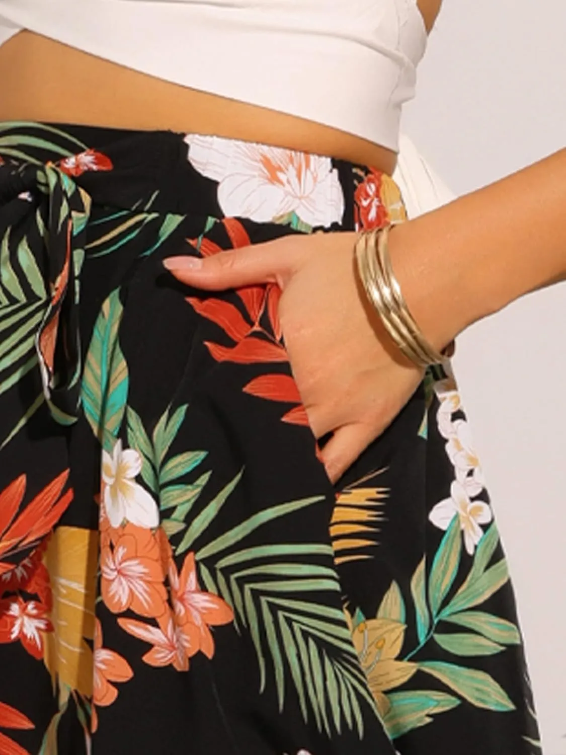 Allegra K Floral Boho Midi Skirt for Women's Elastic Waist A-Line Flowy Summer Beach Skirt with Pocket