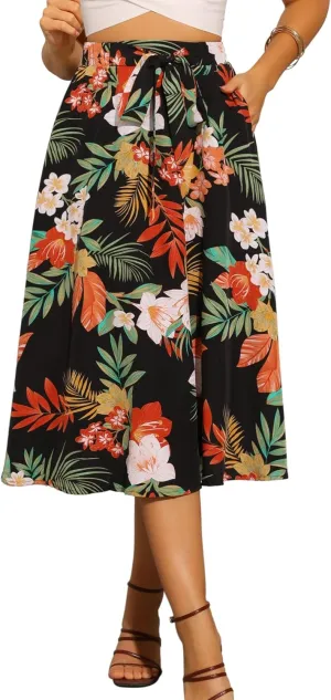 Allegra K Floral Boho Midi Skirt for Women's Elastic Waist A-Line Flowy Summer Beach Skirt with Pocket