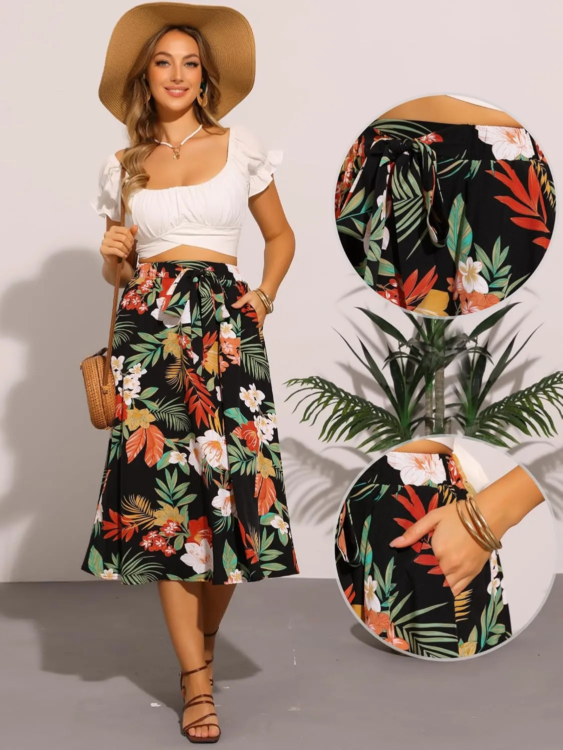 Allegra K Floral Boho Midi Skirt for Women's Elastic Waist A-Line Flowy Summer Beach Skirt with Pocket