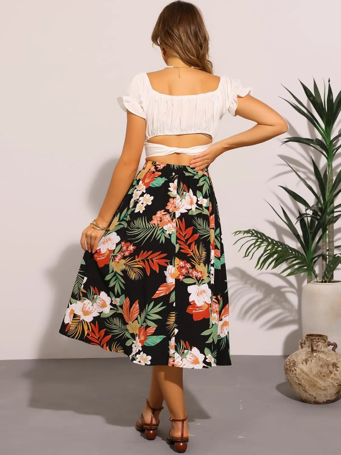 Allegra K Floral Boho Midi Skirt for Women's Elastic Waist A-Line Flowy Summer Beach Skirt with Pocket