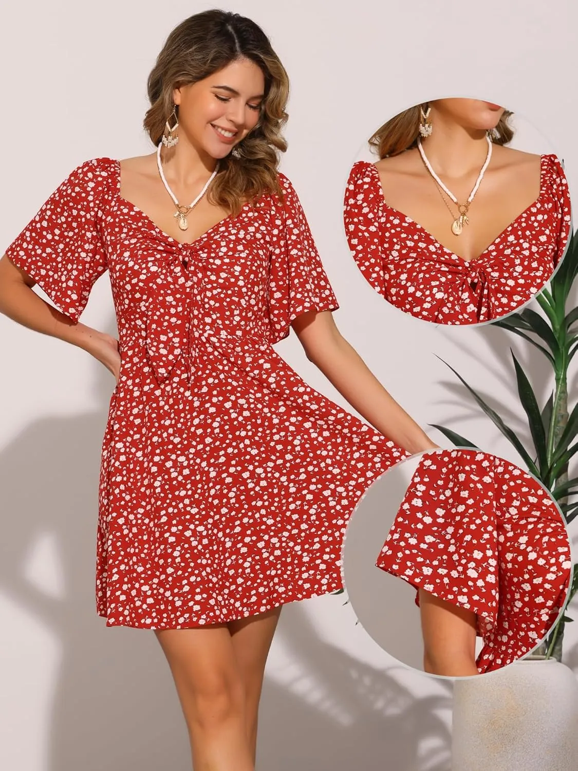 Allegra K Floral Dress for Women Short Sleeve V Neck Bow Tie Front Summer Beach Sundresses