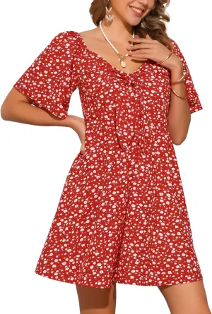 Allegra K Floral Dress for Women Short Sleeve V Neck Bow Tie Front Summer Beach Sundresses