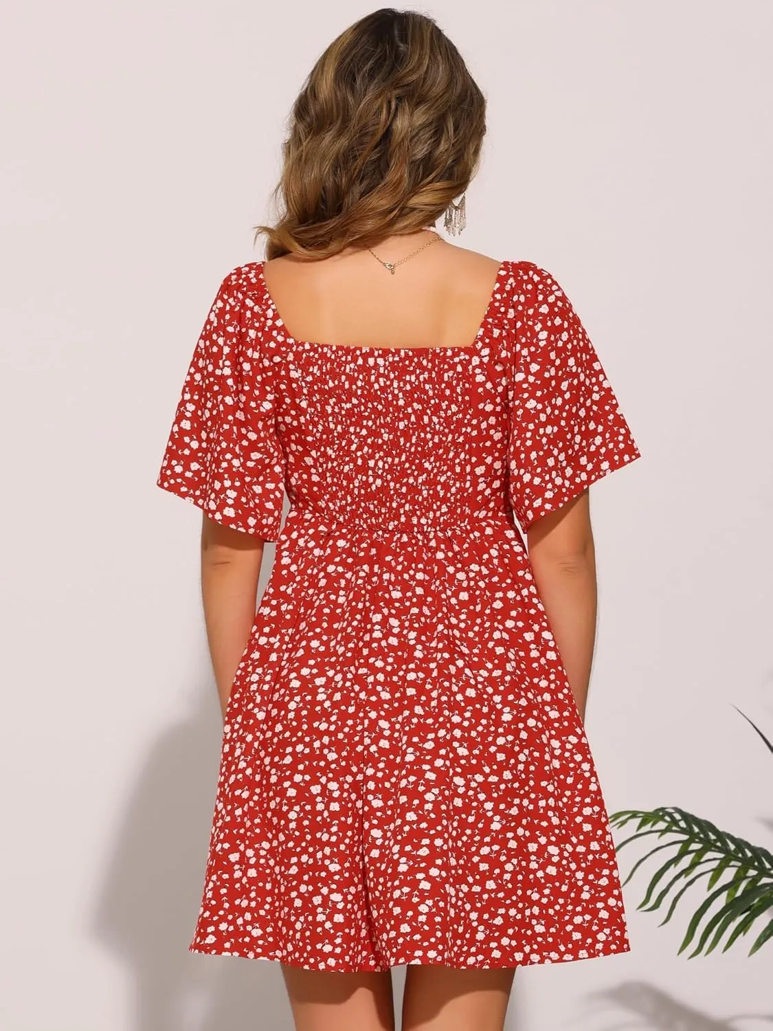 Allegra K Floral Dress for Women Short Sleeve V Neck Bow Tie Front Summer Beach Sundresses