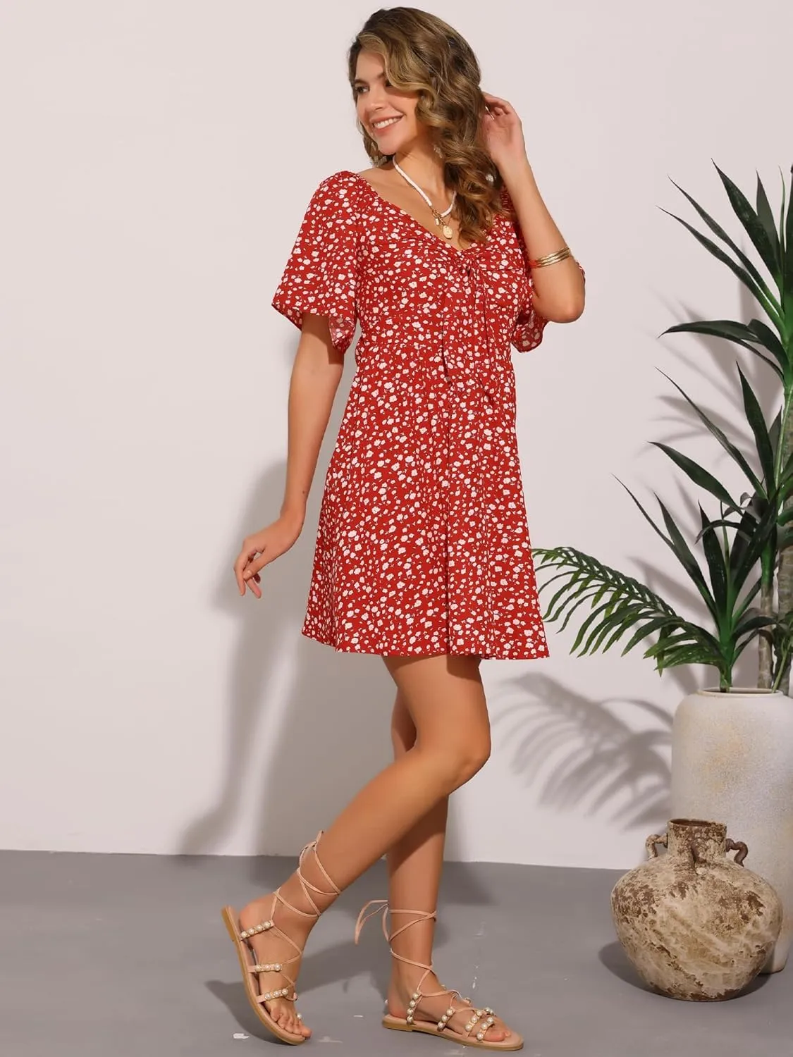 Allegra K Floral Dress for Women Short Sleeve V Neck Bow Tie Front Summer Beach Sundresses