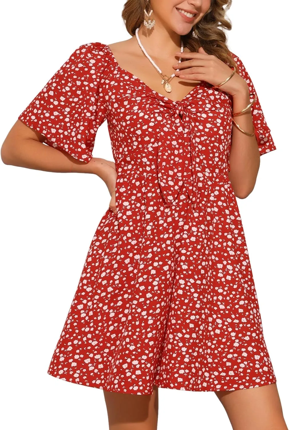 Allegra K Floral Dress for Women Short Sleeve V Neck Bow Tie Front Summer Beach Sundresses