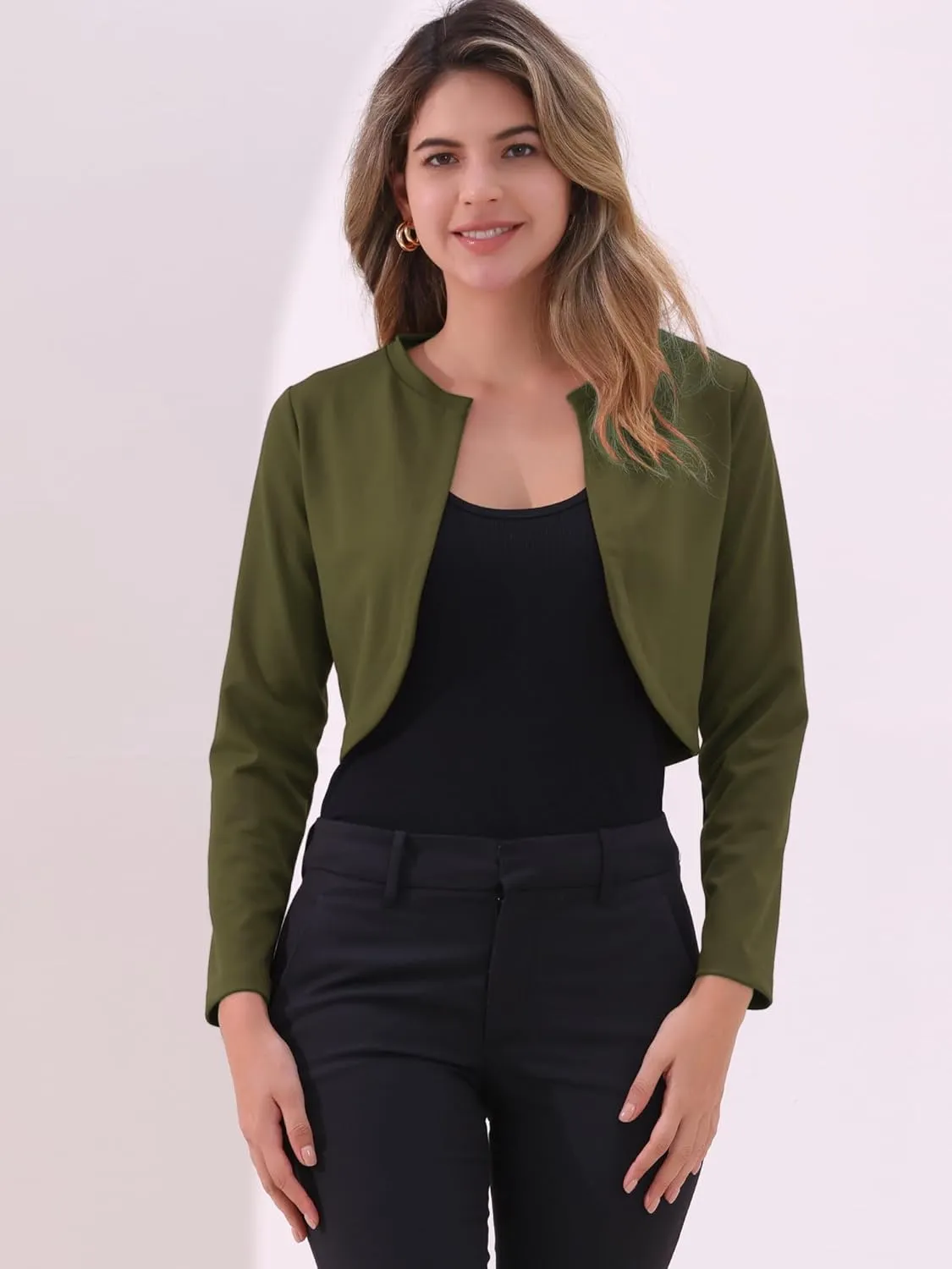 Allegra K Women's Bolero Shrug Long Sleeve Cropped Cardigan Knits Curved Hem Open Front Shrug for Dresses Work Business