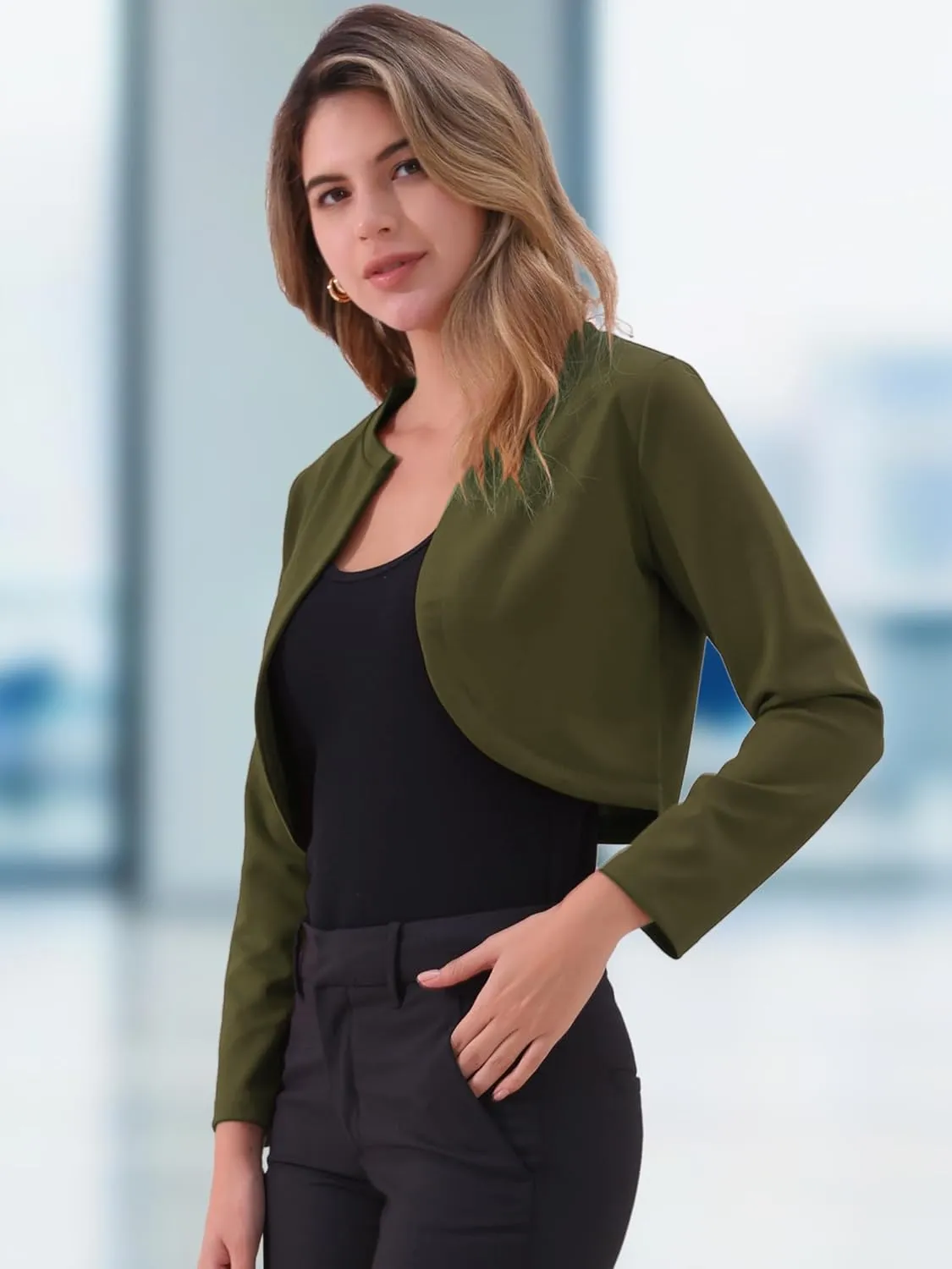 Allegra K Women's Bolero Shrug Long Sleeve Cropped Cardigan Knits Curved Hem Open Front Shrug for Dresses Work Business