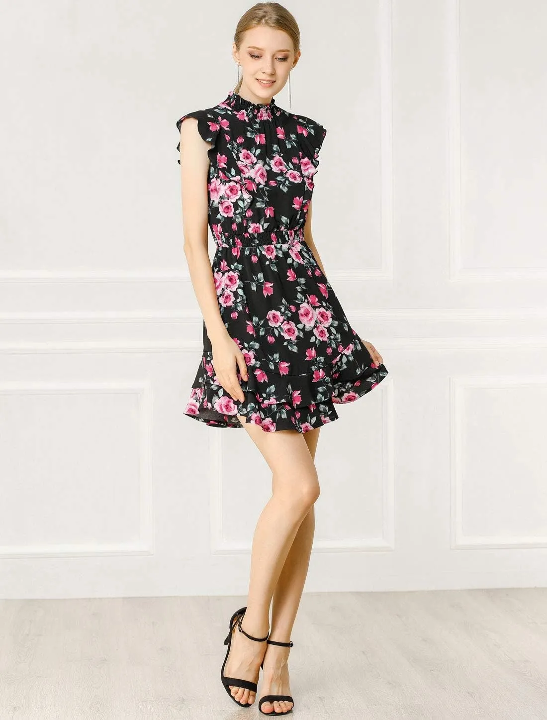 Allegra K Women's Floral Mock Neck Sleeveless Tiered Layered Flowy Smocked Waist Ruffle Mini Dress