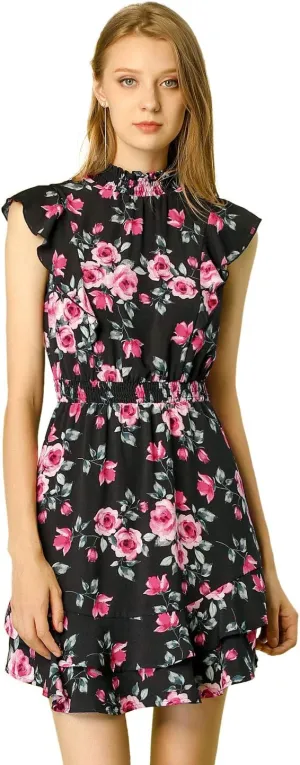 Allegra K Women's Floral Mock Neck Sleeveless Tiered Layered Flowy Smocked Waist Ruffle Mini Dress
