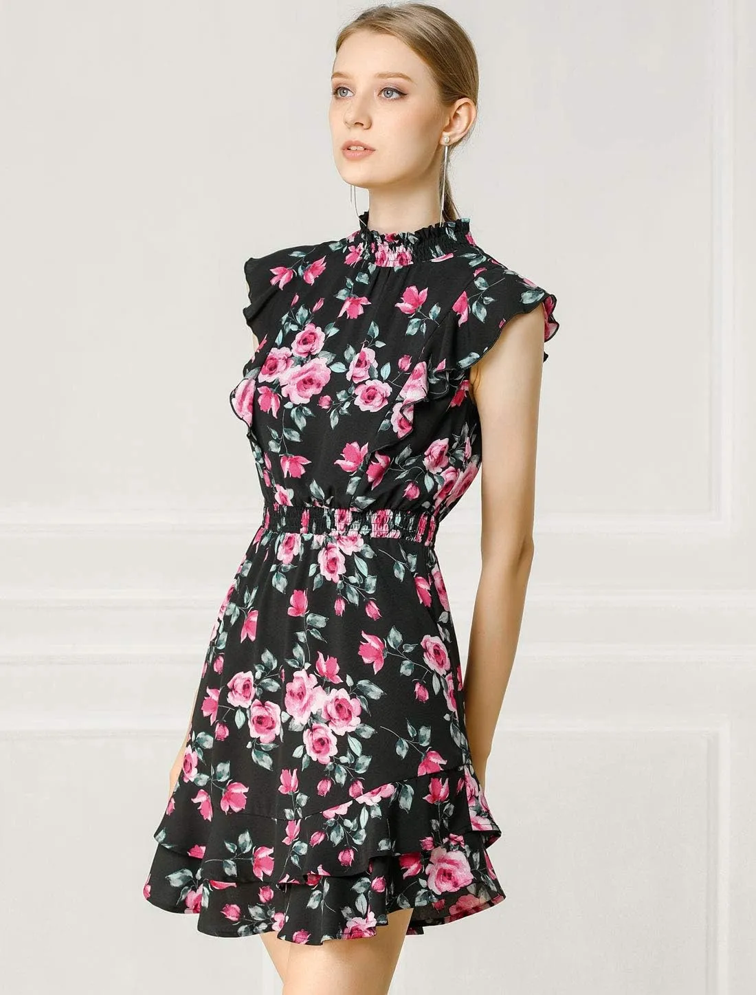Allegra K Women's Floral Mock Neck Sleeveless Tiered Layered Flowy Smocked Waist Ruffle Mini Dress