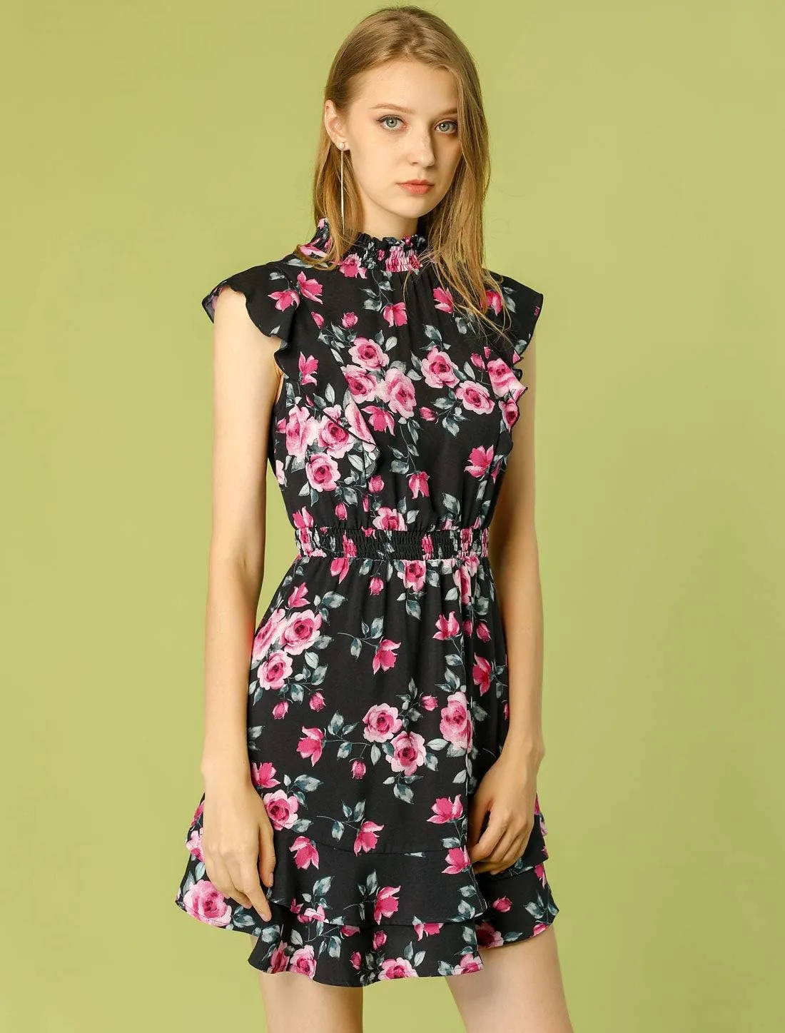 Allegra K Women's Floral Mock Neck Sleeveless Tiered Layered Flowy Smocked Waist Ruffle Mini Dress