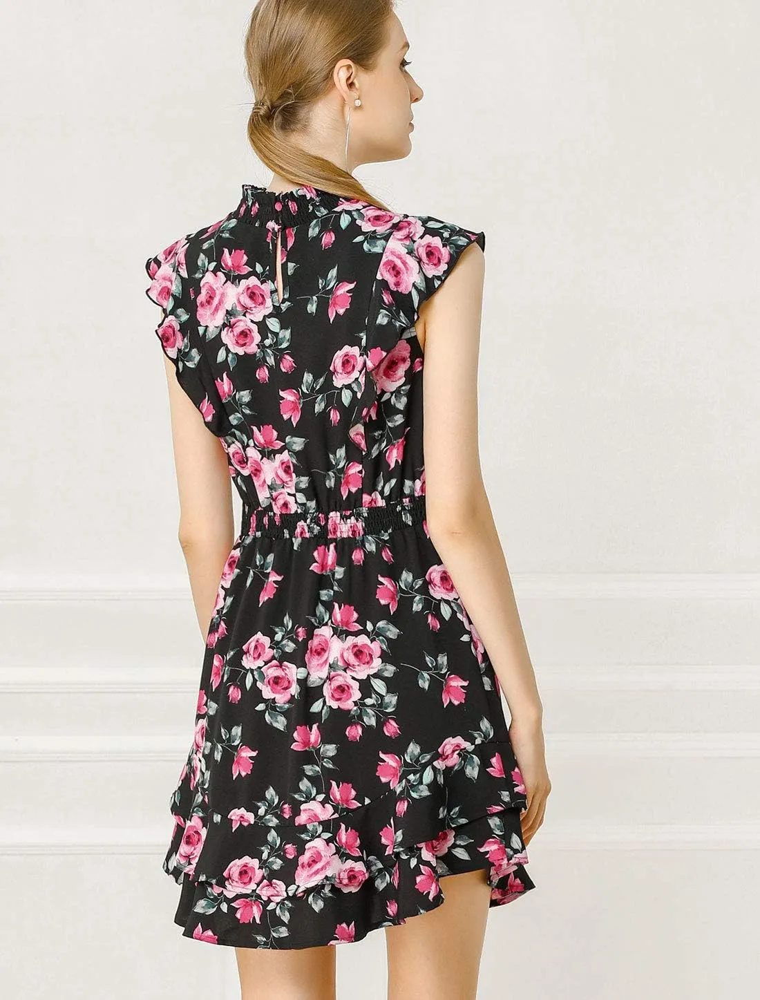 Allegra K Women's Floral Mock Neck Sleeveless Tiered Layered Flowy Smocked Waist Ruffle Mini Dress