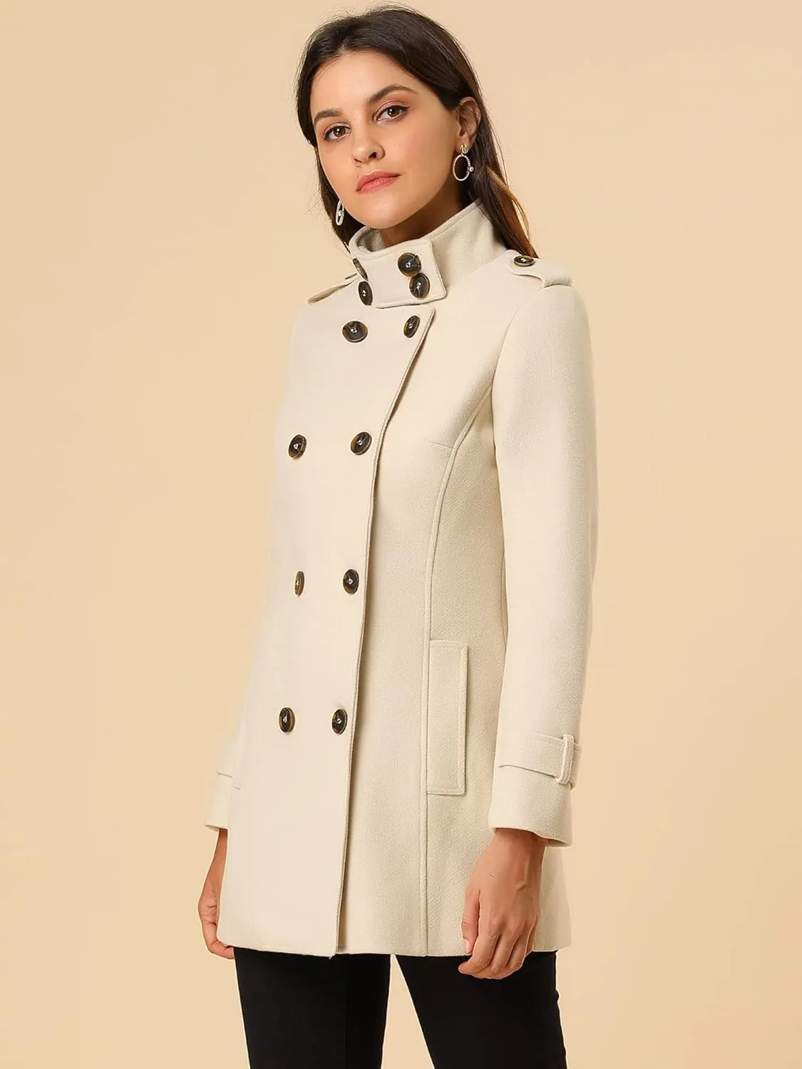 Allegra K Women's Stand Collar Double Breasted Pockets Trendy Outwear Winter Coat with Belt