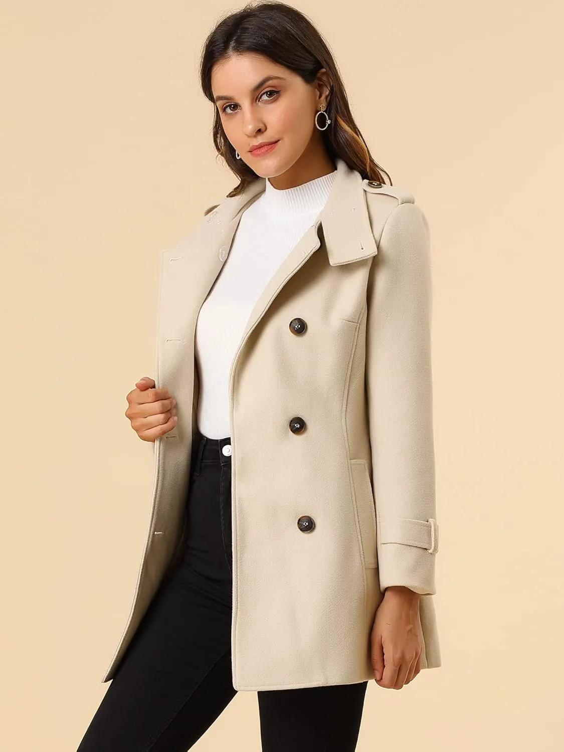 Allegra K Women's Stand Collar Double Breasted Pockets Trendy Outwear Winter Coat with Belt