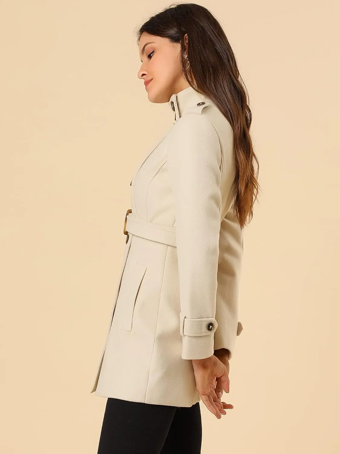 Allegra K Women's Stand Collar Double Breasted Pockets Trendy Outwear Winter Coat with Belt