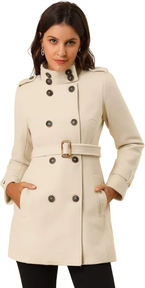 Allegra K Women's Stand Collar Double Breasted Pockets Trendy Outwear Winter Coat with Belt