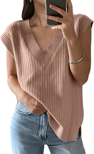 ANRABESS Womens V Neck Sweater Vest Oversized Sleeveless Tops Casual Ribbed Knit Loose 2025 Summer Tank Top Outfits Clothes