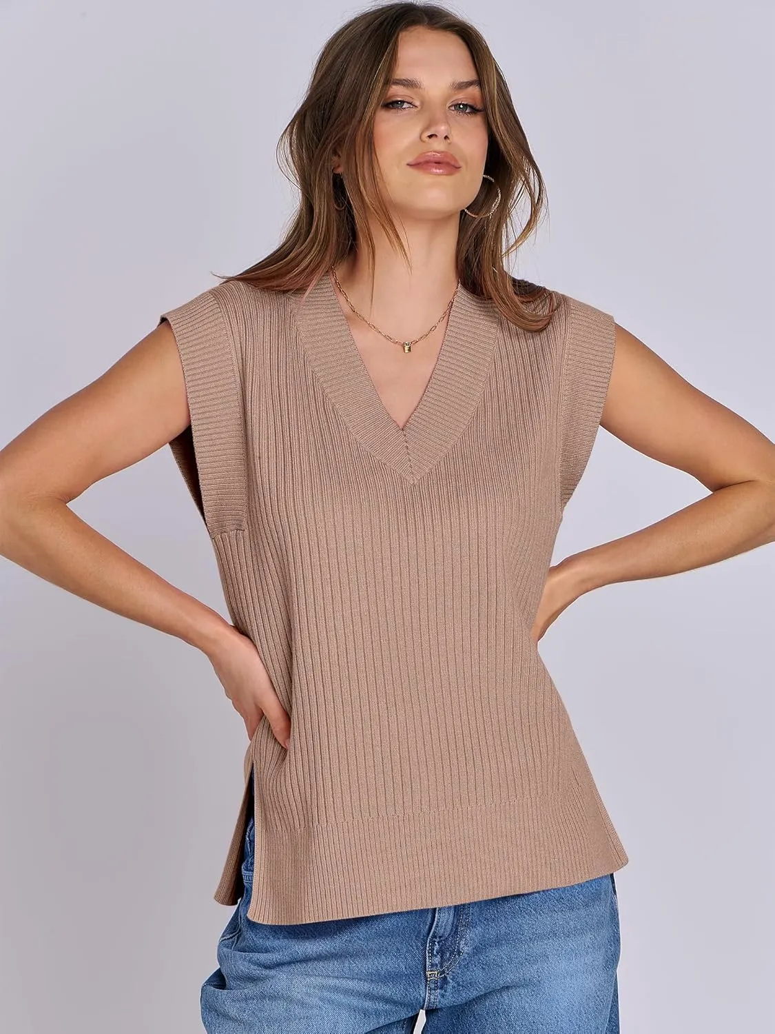ANRABESS Womens V Neck Sweater Vest Oversized Sleeveless Tops Casual Ribbed Knit Loose 2025 Summer Tank Top Outfits Clothes
