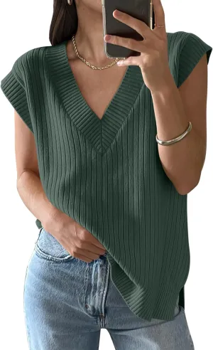 ANRABESS Womens V Neck Sweater Vest Oversized Sleeveless Tops Casual Ribbed Knit Loose 2025 Summer Tank Top Outfits Clothes
