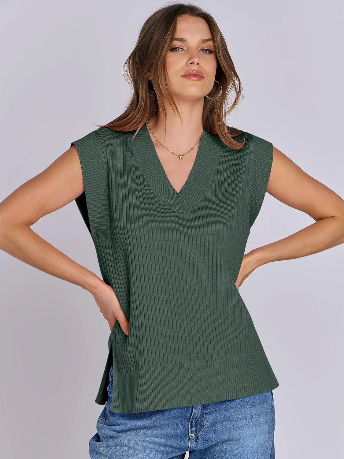 ANRABESS Womens V Neck Sweater Vest Oversized Sleeveless Tops Casual Ribbed Knit Loose 2025 Summer Tank Top Outfits Clothes