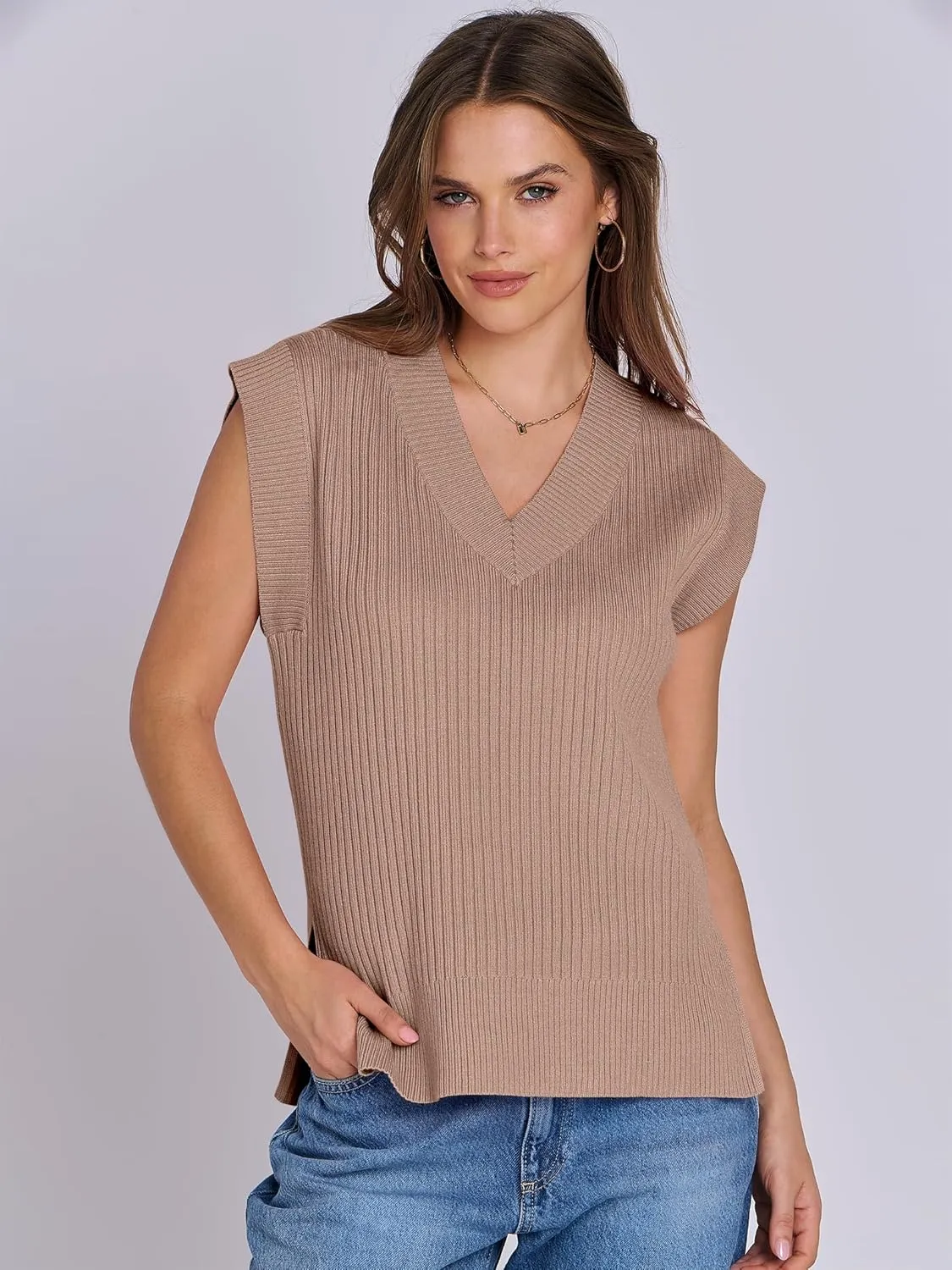 ANRABESS Womens V Neck Sweater Vest Oversized Sleeveless Tops Casual Ribbed Knit Loose 2025 Summer Tank Top Outfits Clothes