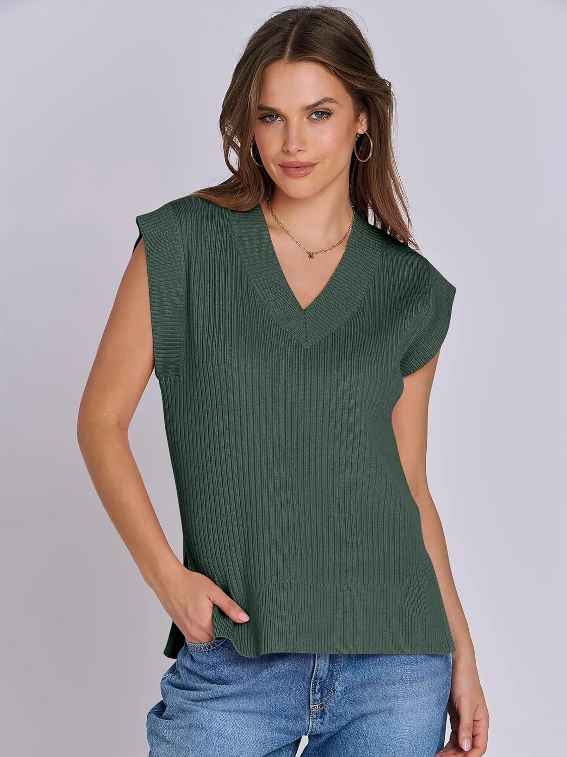 ANRABESS Womens V Neck Sweater Vest Oversized Sleeveless Tops Casual Ribbed Knit Loose 2025 Summer Tank Top Outfits Clothes