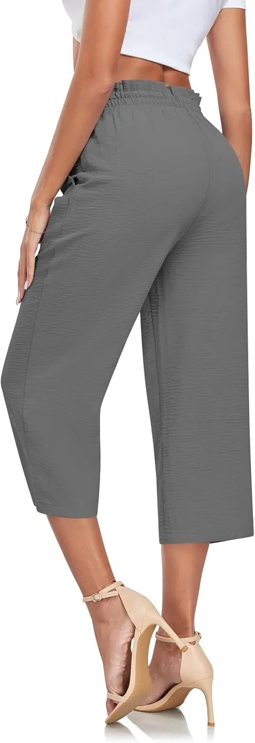 Aodemo Womens Capri Pants Plus Size Wide Leg High Waist Tie Knot Pants Casual Loose Palazzo Trousers with Pockets M-4XL