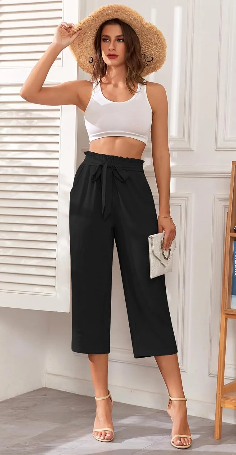 Aodemo Womens Capri Pants Plus Size Wide Leg High Waist Tie Knot Pants Casual Loose Palazzo Trousers with Pockets M-4XL