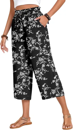 Aodemo Womens Capri Pants Plus Size Wide Leg High Waist Tie Knot Pants Casual Loose Palazzo Trousers with Pockets M-4XL