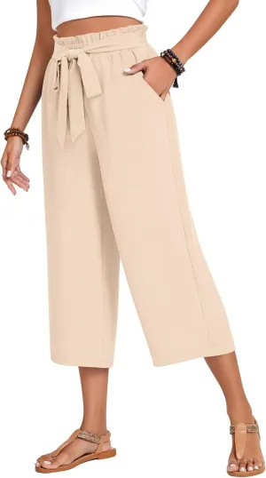 Aodemo Womens Capri Pants Plus Size Wide Leg High Waist Tie Knot Pants Casual Loose Palazzo Trousers with Pockets M-4XL