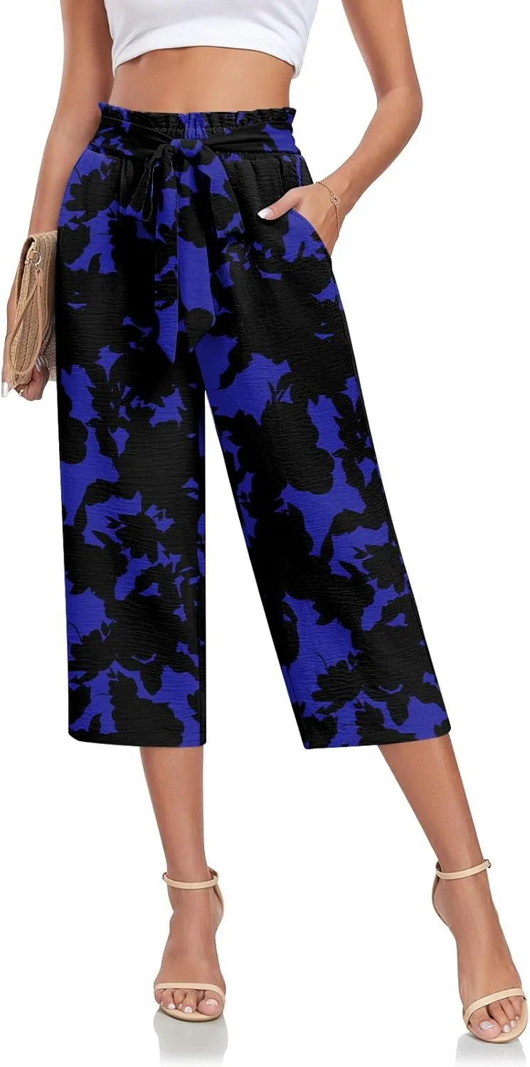 Aodemo Womens Capri Pants Plus Size Wide Leg High Waist Tie Knot Pants Casual Loose Palazzo Trousers with Pockets M-4XL