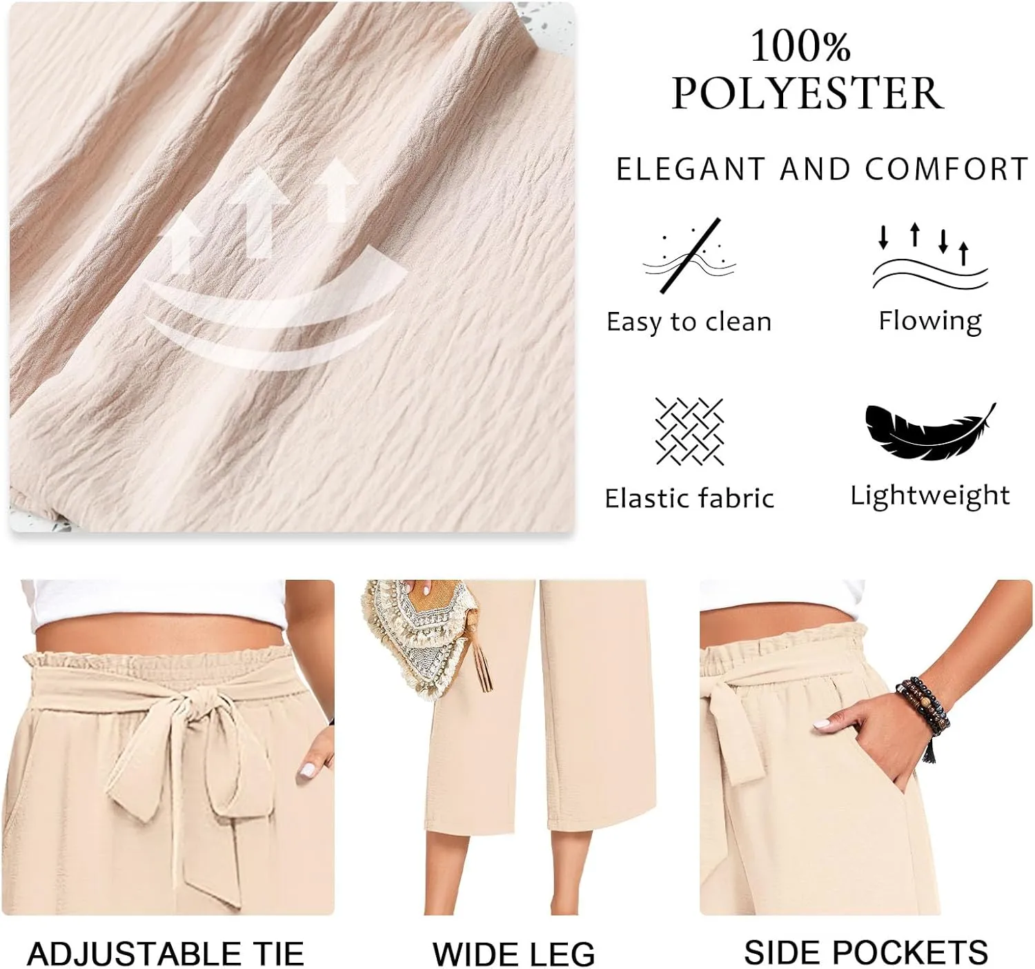 Aodemo Womens Capri Pants Plus Size Wide Leg High Waist Tie Knot Pants Casual Loose Palazzo Trousers with Pockets M-4XL