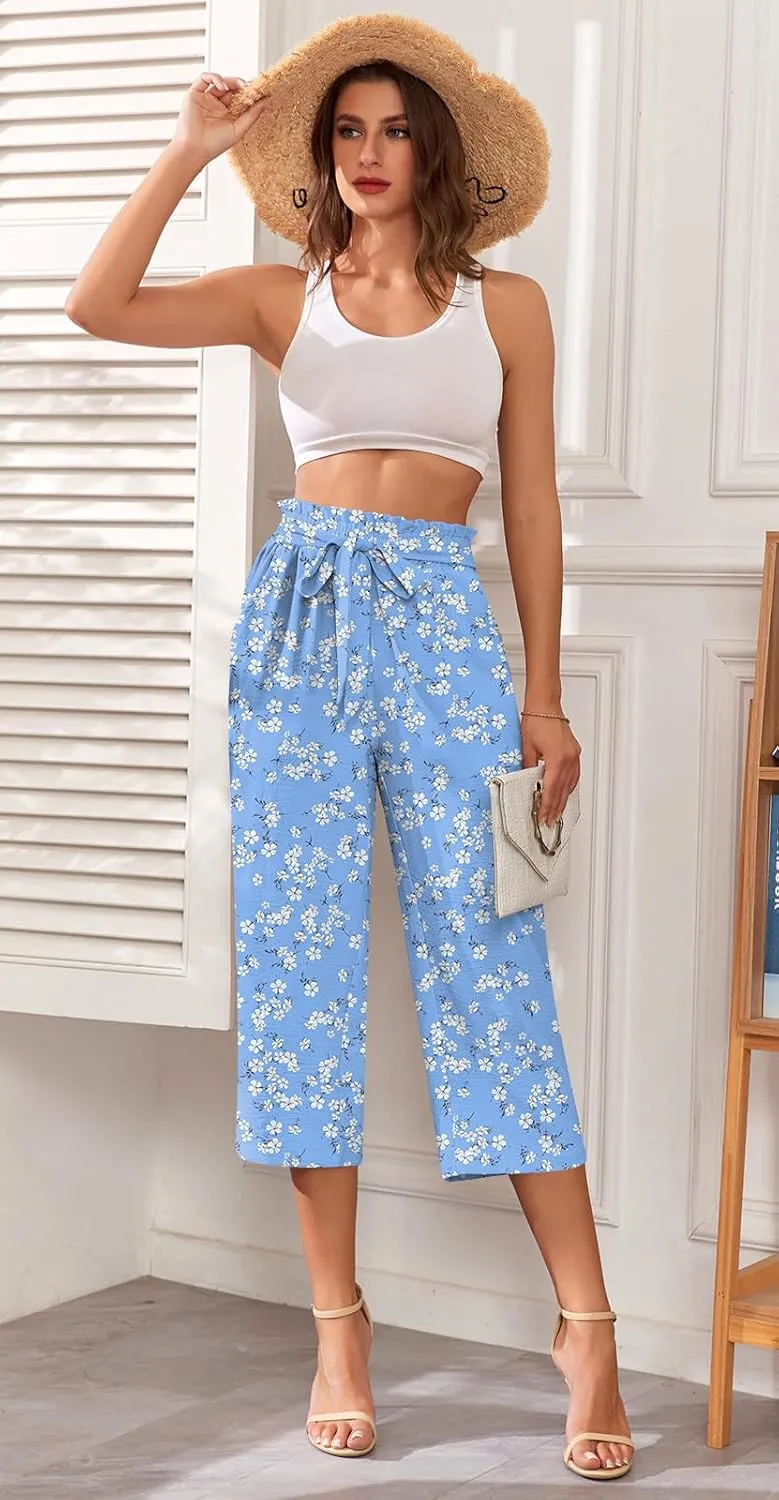 Aodemo Womens Capri Pants Plus Size Wide Leg High Waist Tie Knot Pants Casual Loose Palazzo Trousers with Pockets M-4XL